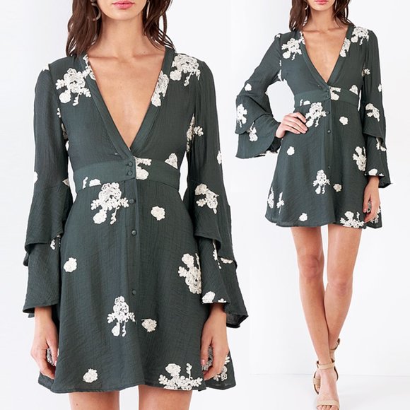 Sadie & Sage Dresses & Skirts - Floral Embroidery V Neck Bell Sleeves Boho Dress